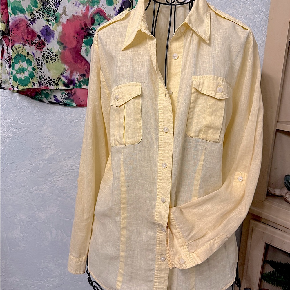 Chico's Light Yellow Casual button up linen/cotton blend Shirt   Sz 1